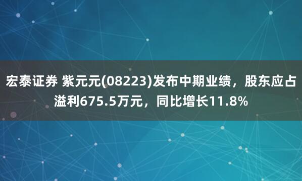 宏泰证券 紫元元(08223)发布中期业绩，股东应占溢利675.5万元，同比增长11.8%